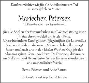 Traueranzeige von Mariechen Petersen von Norddeutsche Rundschau