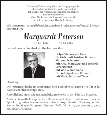 Traueranzeige von Marquardt Petersen von Flensburger Tageblatt