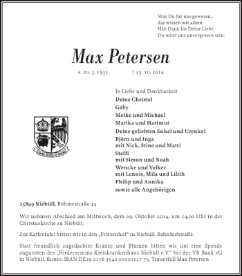 Traueranzeige von Max Petersen von Husumer Nachrichten