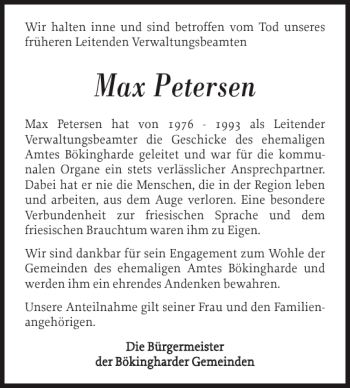 Traueranzeige von Max Petersen von Nordfriesland Tageblatt