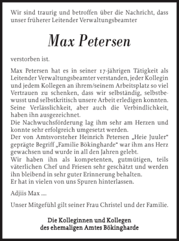 Traueranzeige von Max Petersen von Nordfriesland Tageblatt