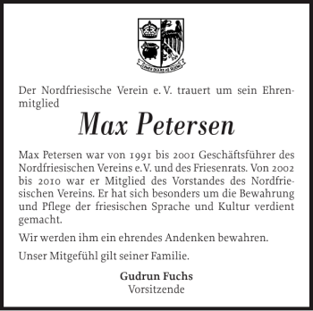 Traueranzeige von Max Petersen von Nordfriesland Tageblatt