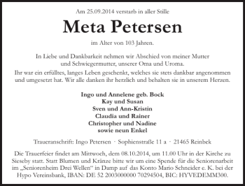 Traueranzeige von Meta Petersen von Eckernförder Zeitung