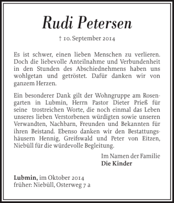 Traueranzeige von Rudi Petersen von Nordfriesland Tageblatt