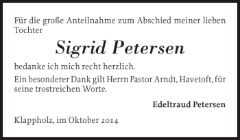 Traueranzeige von Sigrid Petersen von Schleswiger Nachrichten
