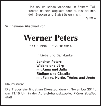 Traueranzeige von Werner Peters von Holsteinischer Courier