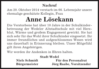 Traueranzeige von Anne Lösekann von Pinneberger Tageblatt