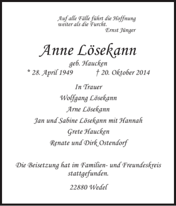 Traueranzeige von Anne Lösekann von Pinneberger Tageblatt