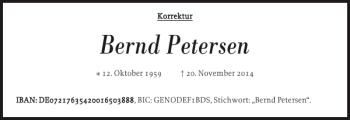 Traueranzeige von Bernd Petersen von Nordfriesland Tageblatt