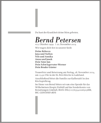 Traueranzeige von Bernd Petersen von Flensburger Tageblatt