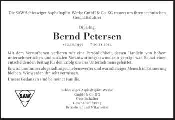 Traueranzeige von Bernd Petersen von Flensburger Tageblatt