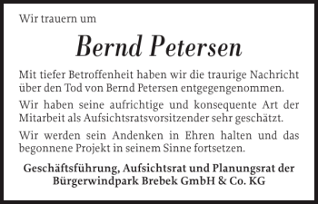 Traueranzeige von Bernd Petersen von Nordfriesland Tageblatt