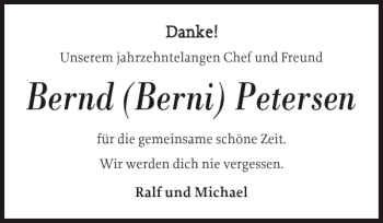 Traueranzeige von Bernd Berni Petersen von Flensburger Tageblatt