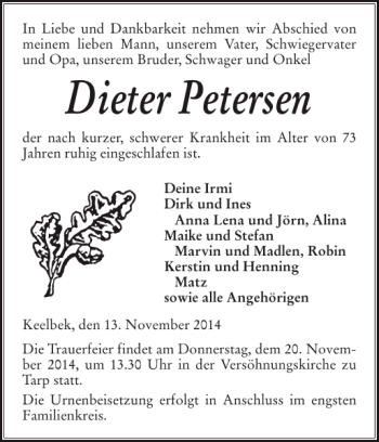 Traueranzeige von Dieter Petersen von Flensburger Tageblatt