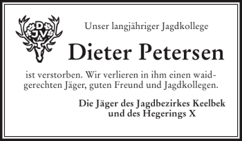 Traueranzeige von Dieter Petersen von Flensburger Tageblatt