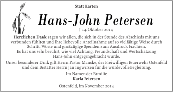 Traueranzeige von Hans-John Petersen von Husumer Nachrichten