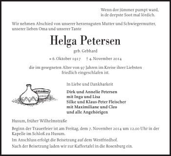 Traueranzeige von Helga Petersen von Husumer Nachrichten