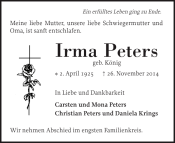 Traueranzeige von Irma Peters von Pinneberger Tageblatt