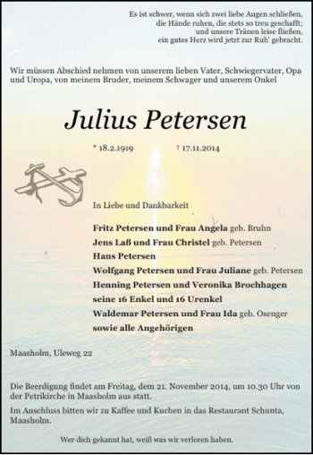 Traueranzeige von Julius Petersen von Schlei-Bote