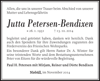 Traueranzeige von Jutta Petersen-Bendixen von Husumer Nachrichten