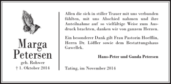 Traueranzeige von Marga Petersen von Husumer Nachrichten