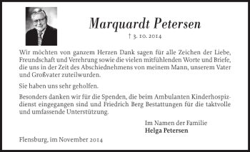 Traueranzeige von Marquardt Petersen von Flensburger Tageblatt