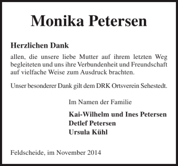Traueranzeige von Monika Petersen von Landeszeitung