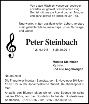 Traueranzeige von Peter Steinbach von Holsteinischer Courier