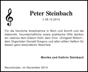 Traueranzeige von Peter Steinbach von Holsteinischer Courier