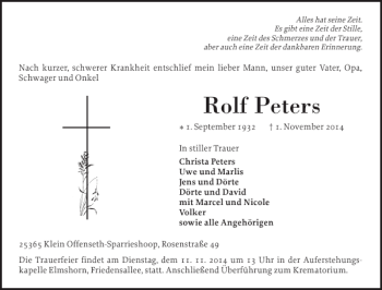 Traueranzeige von Rolf Peters von Elmshorner Nachrichten