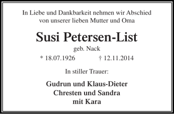 Traueranzeige von Susi Petersen-List von Stormarner Tageblatt
