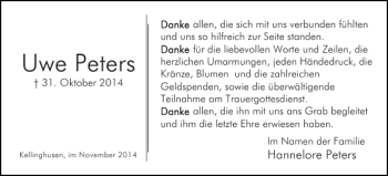 Traueranzeige von Uwe Peters von Norddeutsche Rundschau