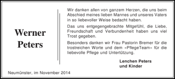 Traueranzeige von Werner Peters von Holsteinischer Courier