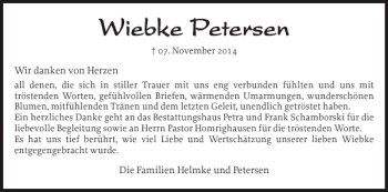 Traueranzeige von Wiebke Petersen von Eckernförder Zeitung