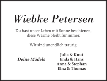 Traueranzeige von Wiebke Petersen von Eckernförder Zeitung