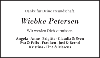 Traueranzeige von Wiebke Petersen von Eckernförder Zeitung