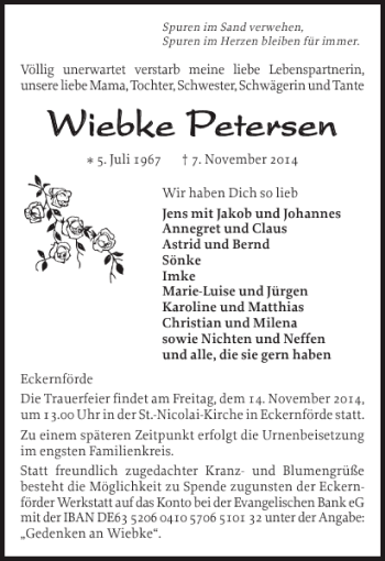 Traueranzeige von Wiebke Petersen von Eckernförder Zeitung