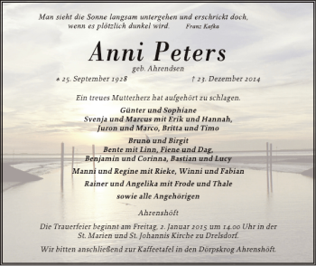 Traueranzeige von Anni Peters von Husumer Nachrichten