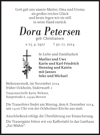 Traueranzeige von Dora Petersen von Husumer Nachrichten