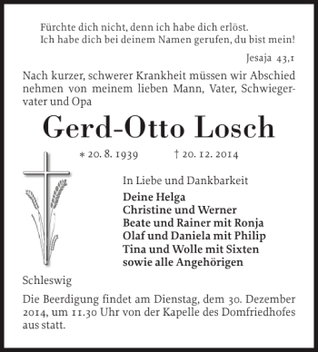 Traueranzeige von Gerd-Otto Losch von Schleswiger Nachrichten