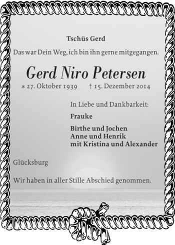 Traueranzeige von Gerd Niro Petersen von Flensburger Tageblatt
