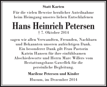 Traueranzeige von Hans Heinrich Petersen von Husumer Nachrichten