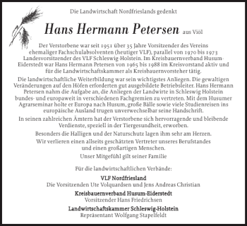 Traueranzeige von Hans Hermann Petersen von Husumer Nachrichten