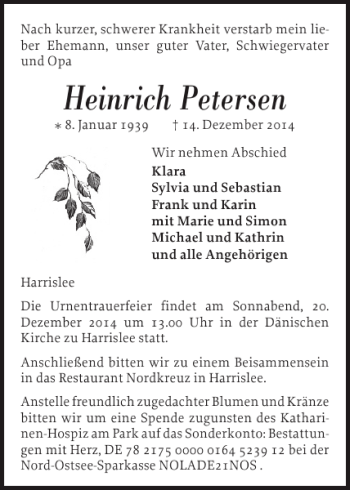 Traueranzeige von Heinrich Petersen von Flensburger Tageblatt