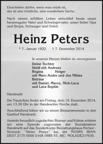 Traueranzeige von Heinz Peters von Flensburger Tageblatt