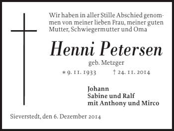Traueranzeige von Henni Petersen von Flensburger Tageblatt