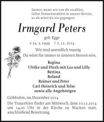 Traueranzeige von Irmgard Peters von Norddeutsche Rundschau