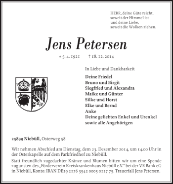 Traueranzeige von Jens Petersen von Nordfriesland Tageblatt