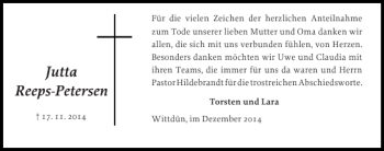 Traueranzeige von JuttaReeps-Petersen  von Der Insel-Bote
