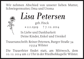 Traueranzeige von Lisa Petersen von Norddeutsche Rundschau